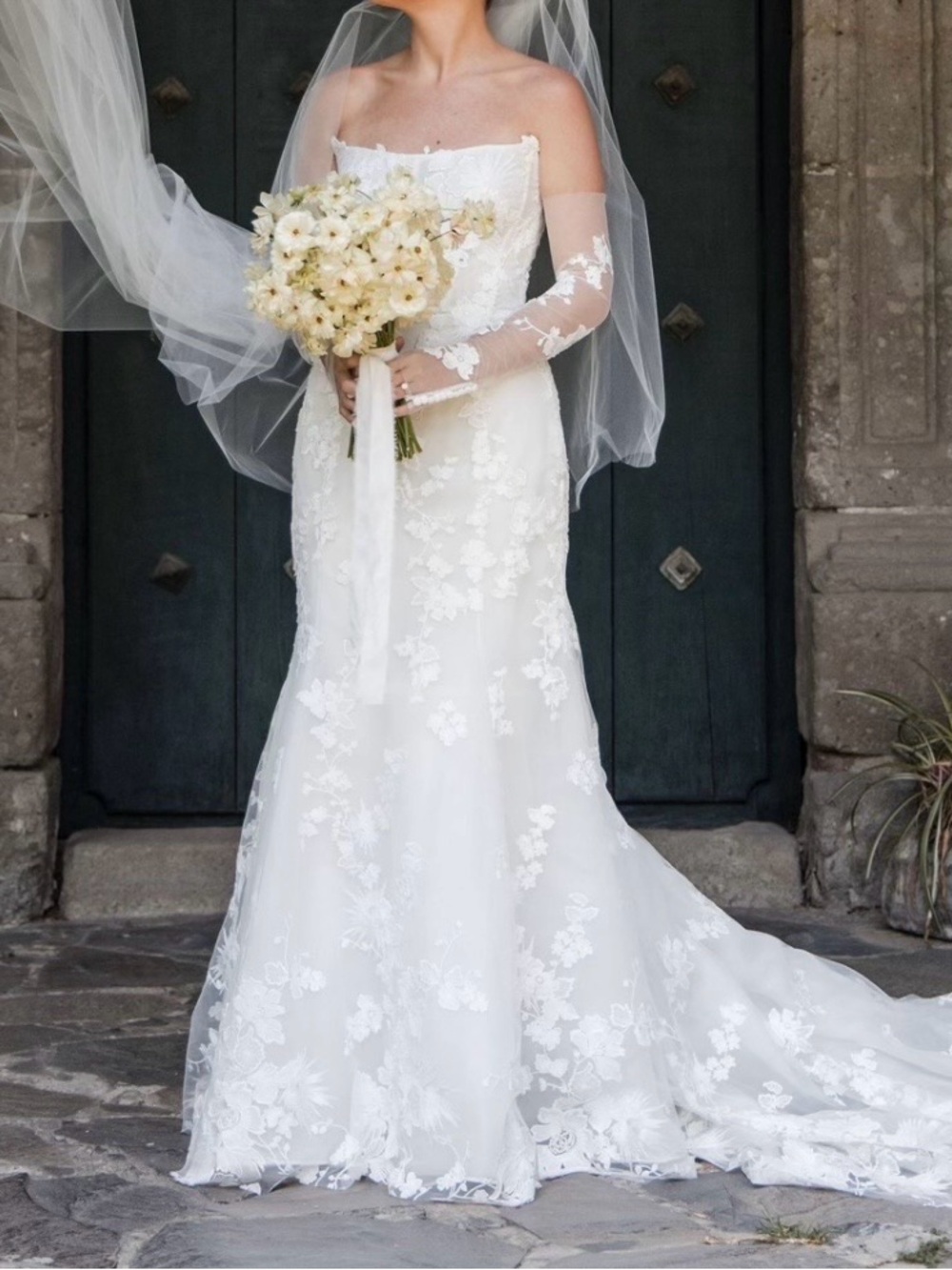 Monique Lhuillier Ivory Lace Fit-and-Flare Wedding Gown with Sheer Lace Sleeves